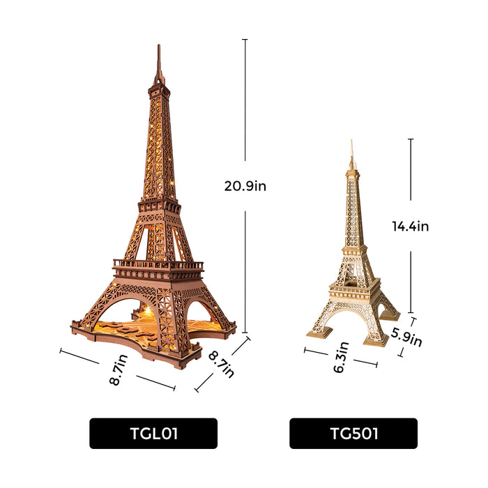 Size comparison of two Rolife Eiffel Tower models: the large TGL01 at 20.9 inches tall beside the standard TG501 at 14.4 inches