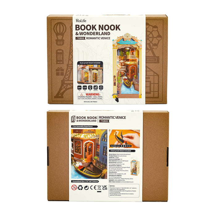 Rolife Book Nook Wonderland Romantic Venice retail packaging box showing front cover and back specs