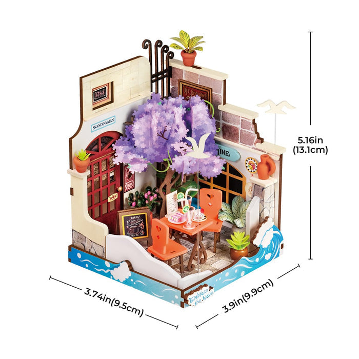 Rolife Mr Flower Fantasy DIY book nook with cascading purple wisteria and dimensions 3.74 by 3.9 by 5.16 inches
