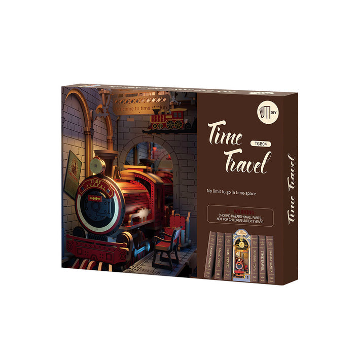 Rolife Time Travel DIY book nook retail packaging box in deep brown theme with assembled product preview
