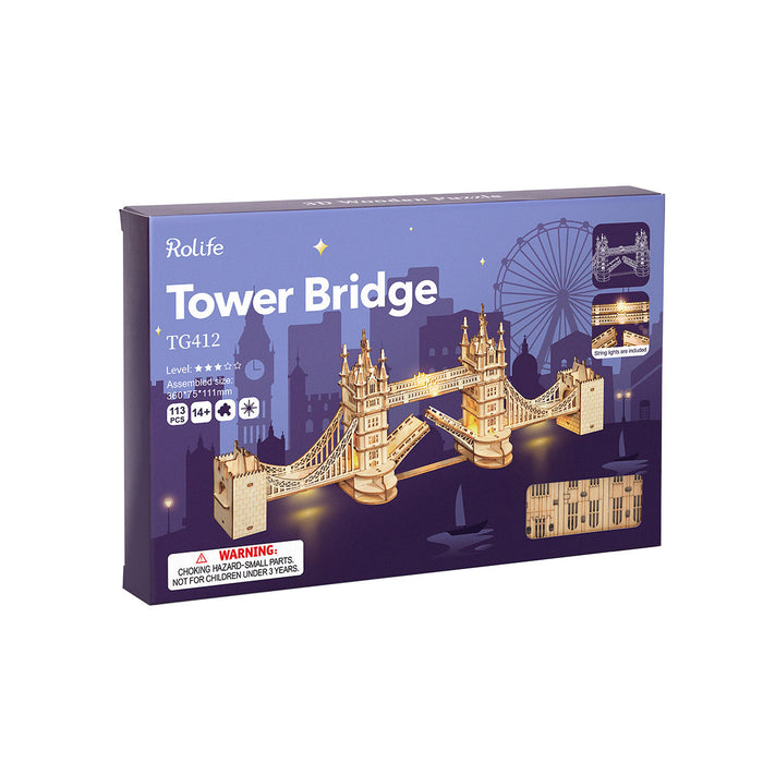 Rolife Tower Bridge TG412 retail box with purple cover art showing the wooden model against a London night skyline