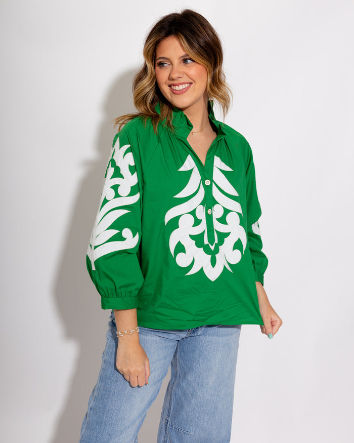 Ruffle Neck Appliqué Top in Green