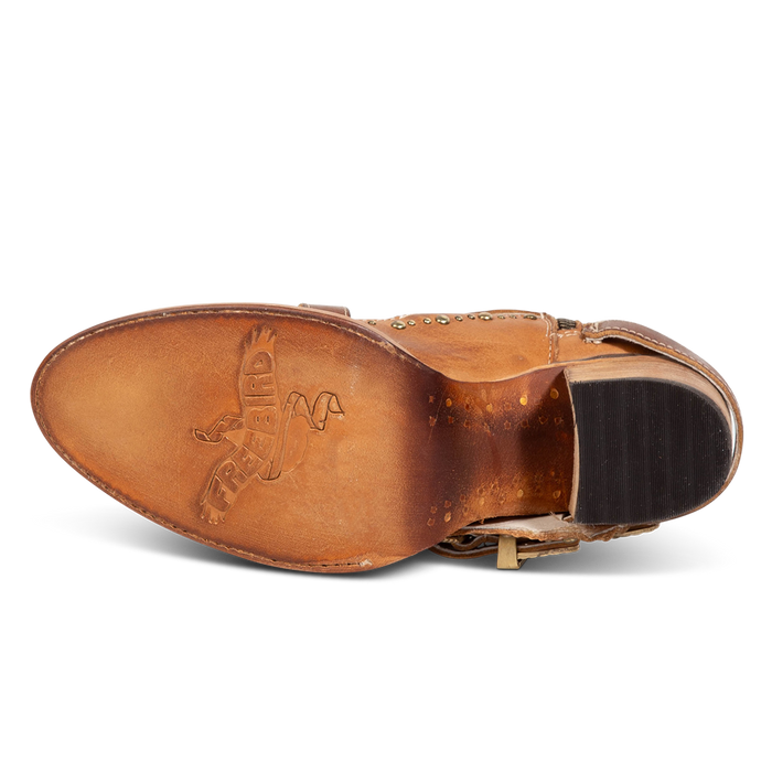 Leather sole imprinted with FREEBIRD on women's Samantha honey low heeled bootie