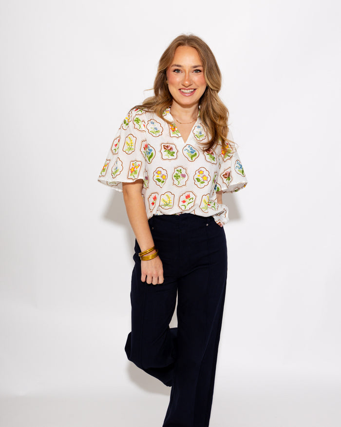 Split Neck Embroidered Floral Top
