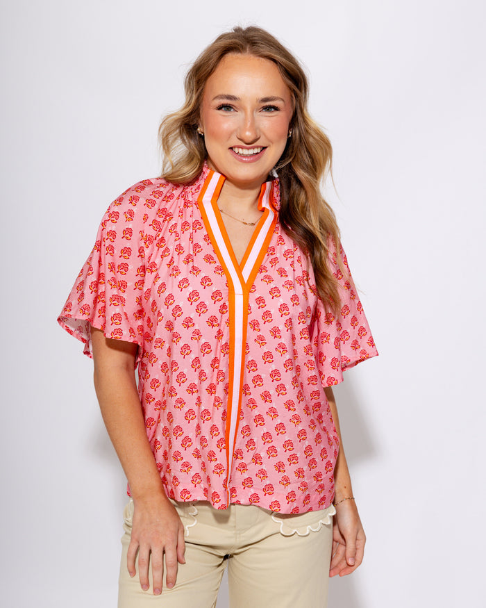 THML | Floral Contrast Trim Top