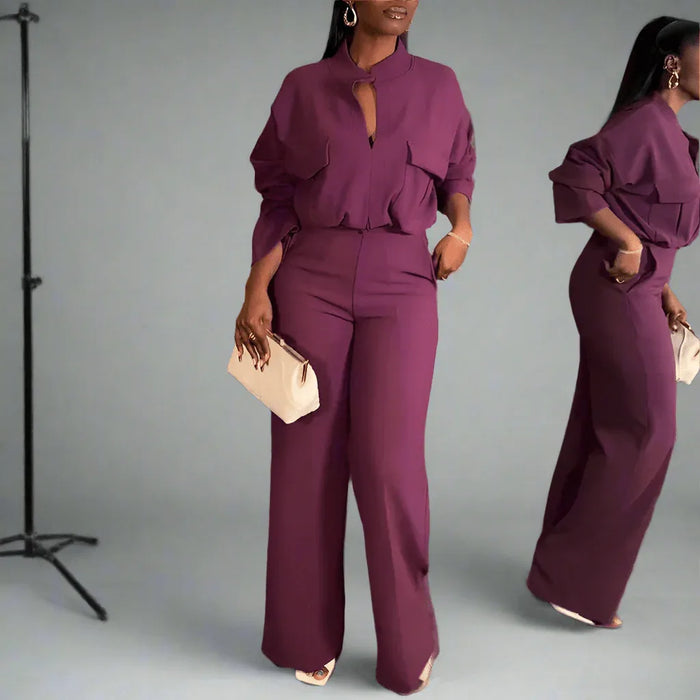 V-Neck Long Sleeve Polyester Top with Wide-Leg Trousers Suit in Light Brown & Purple - Allen-Fitness