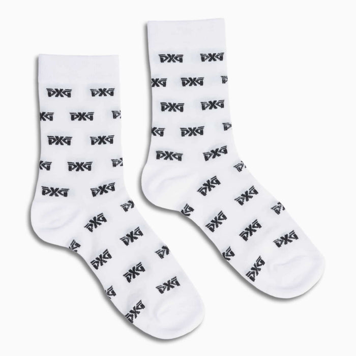 PXG women's white all over logo mesh crew socks on a white background