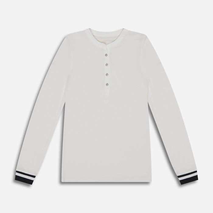 Women's Base Layer Henley Top in White, lay flat front view