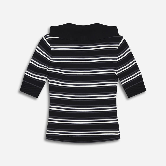 Women's Lapel Knitted Top in Black, lay flat back view