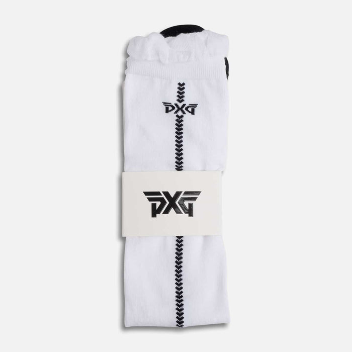 PXG women's white ruffle knee golf socks with ruffles at the top and a black PXG logo on a white background