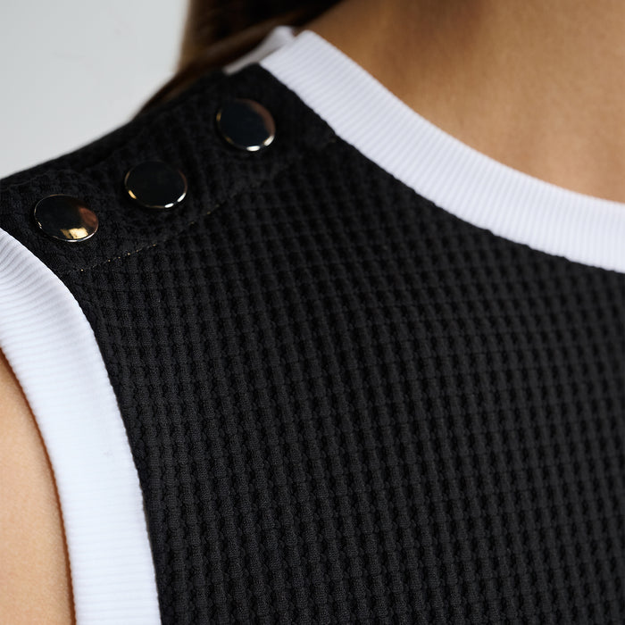Women's The LBD Snap Dress in Black, second alternate side detail view