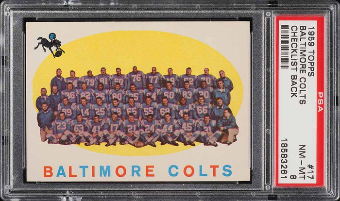 1959 Topps FB Card # 17 Baltimore Colts TEAM CARD CHECKLIST BACK PSA 8 NM-MT (MGD2)