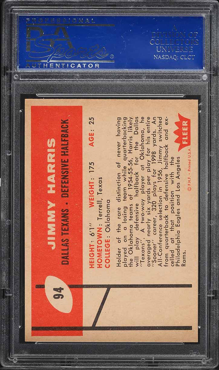 1960 Fleer FB Card # 94 Jimmy Harris Dallas Texans PSA 8 NM-MT (MGD2)