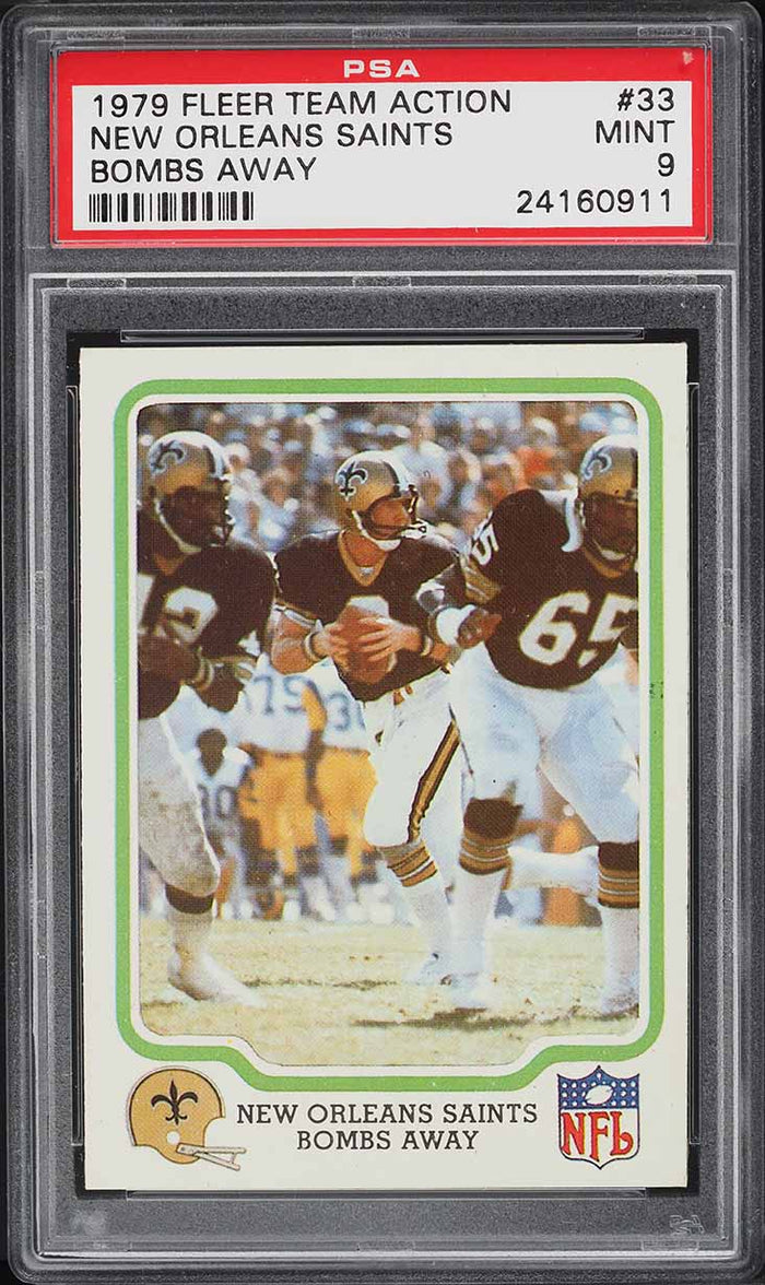 1979 Fleer Teams in Action FB Card # 33 New Orleans Saints BOMBS AWAY PSA 9 MINT (MGD2)