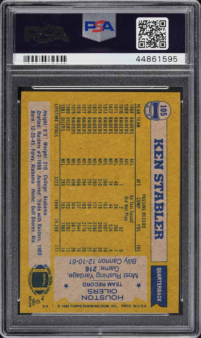 1982 Topps FB Card #105 Ken Stabler Houston Oilers HOF PSA 9 MINT (MGD2)
