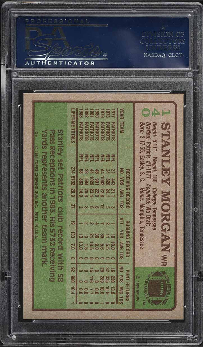 1984 Topps FB Card #140 Stanley Morgan New England Patriots HOF PSA 9 MINT (MGD2)
