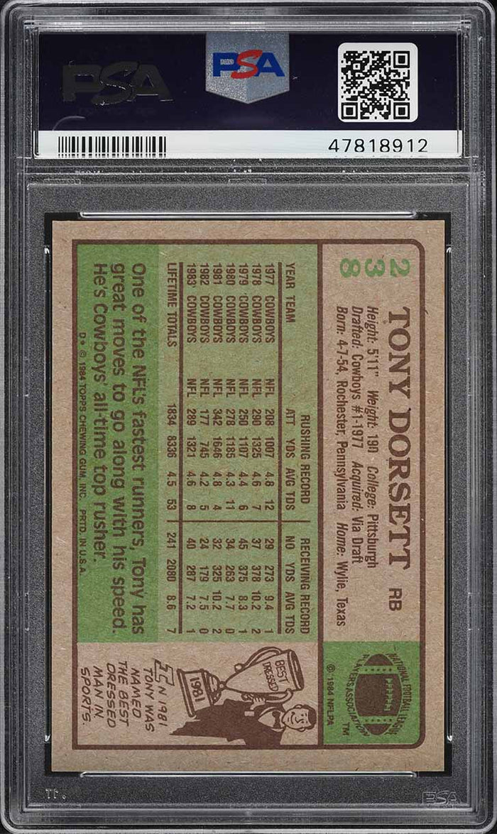 1984 Topps FB Card #238 Tony Dorsett Dallas Cowboys HOF PRO-BOWL PSA 9 MINT (MGD2)