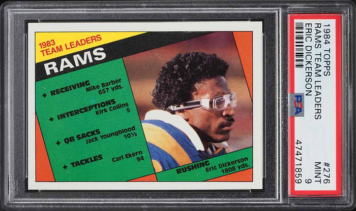 1984 Topps FB Card #276 Rams LEADERS Eric Dickerson HOF ROOKIE RC PSA 9 MINT (MGD2)