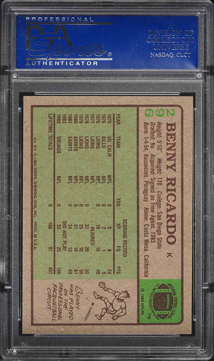 1984 Topps FB Card #296 Benny Ricardo Minnesota Vikings PSA 9 MINT (MGD2)