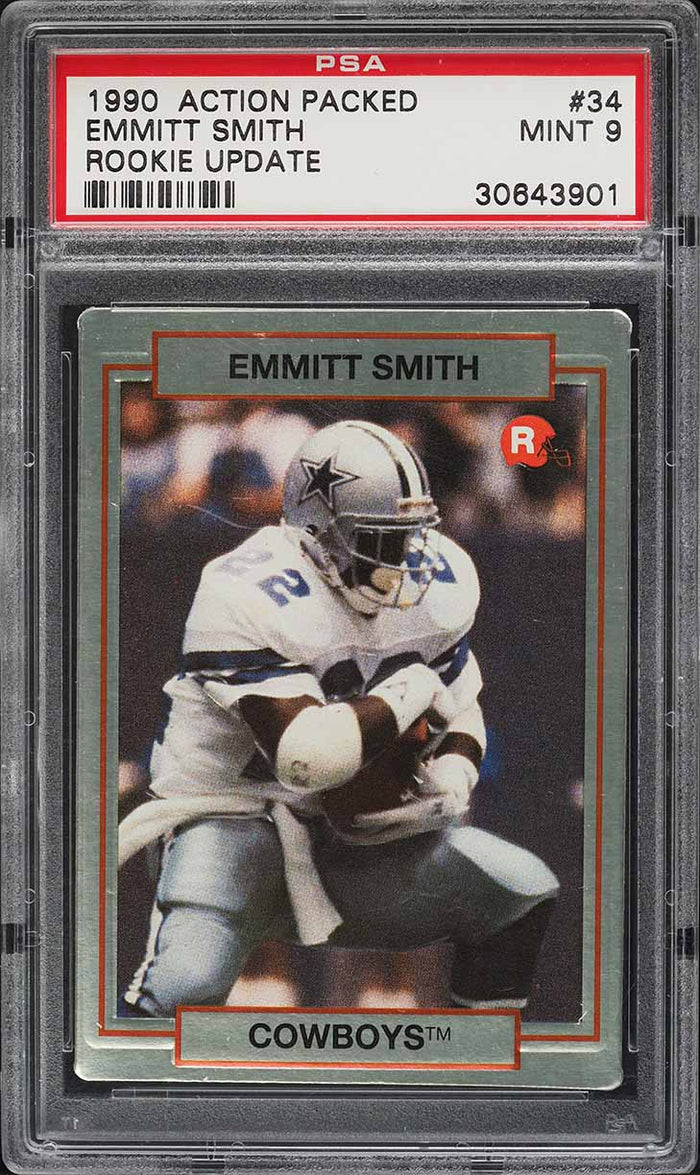 1990 Action Packed FB Card # 34 Emmitt Smith Dallas Cowboys HOF ROOKIE RC PSA 9 (MGD2)