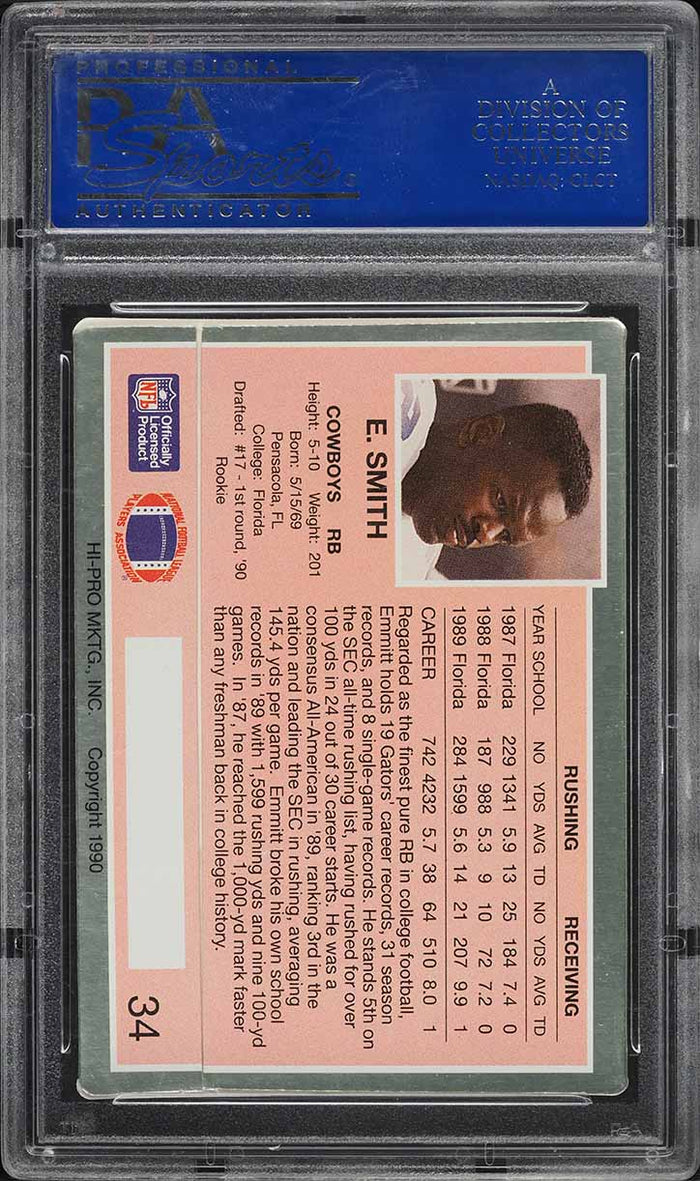 1990 Action Packed FB Card # 34 Emmitt Smith Dallas Cowboys HOF ROOKIE RC PSA 9 (MGD2)
