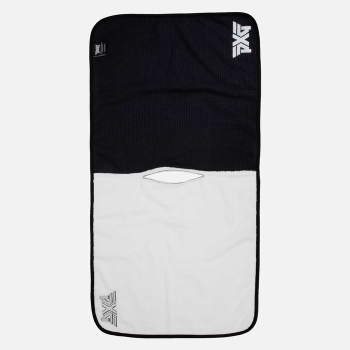 PXG black and white players golf towel with microfiber waffle weave and terry cloth material on a white background