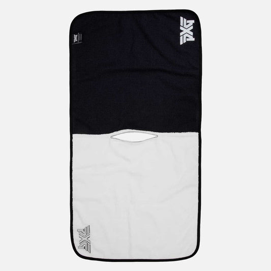 PXG black and white players golf towel with microfiber waffle weave and terry cloth material on a white background