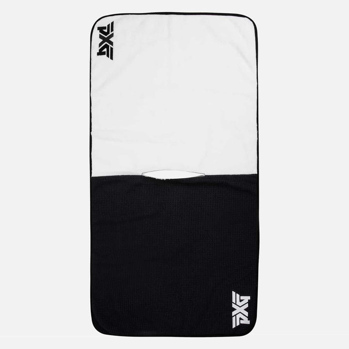 PXG black and white players golf towel with microfiber waffle weave and terry cloth material on a white background