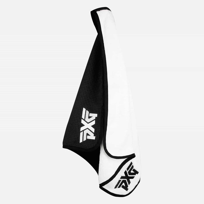 PXG black and white players golf towel with microfiber waffle weave and terry cloth material on a white background