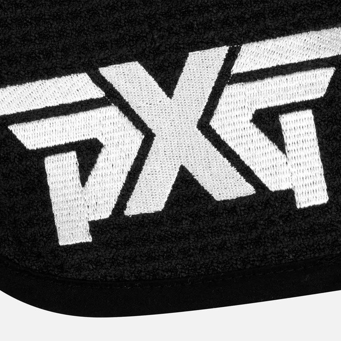 PXG black and white players golf towel with microfiber waffle weave and terry cloth material on a white background