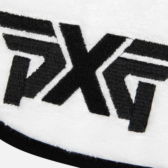 PXG black and white players golf towel with microfiber waffle weave and terry cloth material on a white background