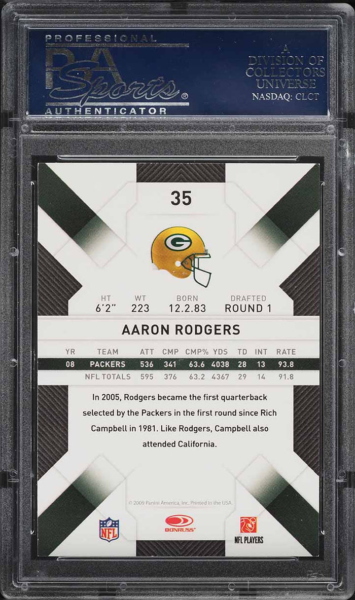 2009 Donruss Threads FB Card # 35 Aaron Rodgers Green Bay Packers PSA 10 (MGD2)