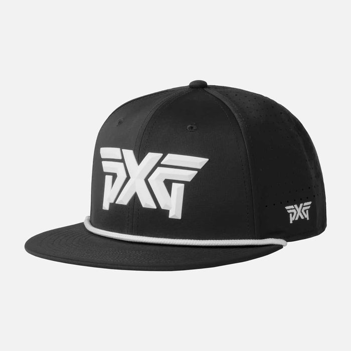 Men's 6-Panel High Crown Snapback Cap in Black/White Logo, back view