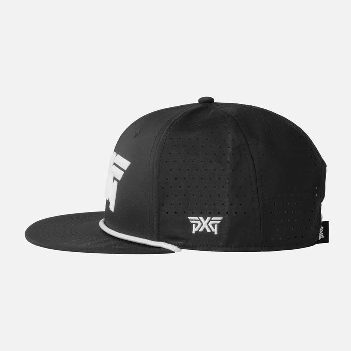 Men's 6-Panel High Crown Snapback Cap in Black/White Logo, back view