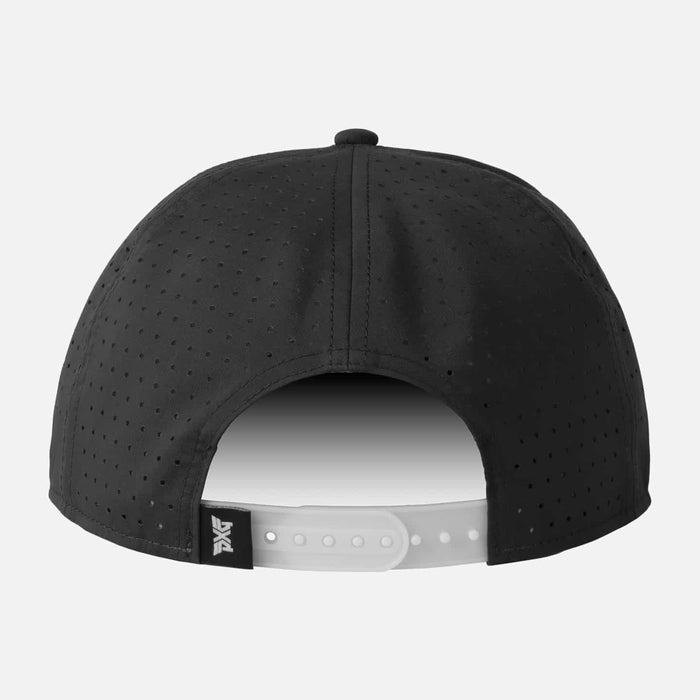 Men's 6-Panel High Crown Snapback Cap in Black/White Logo, back view