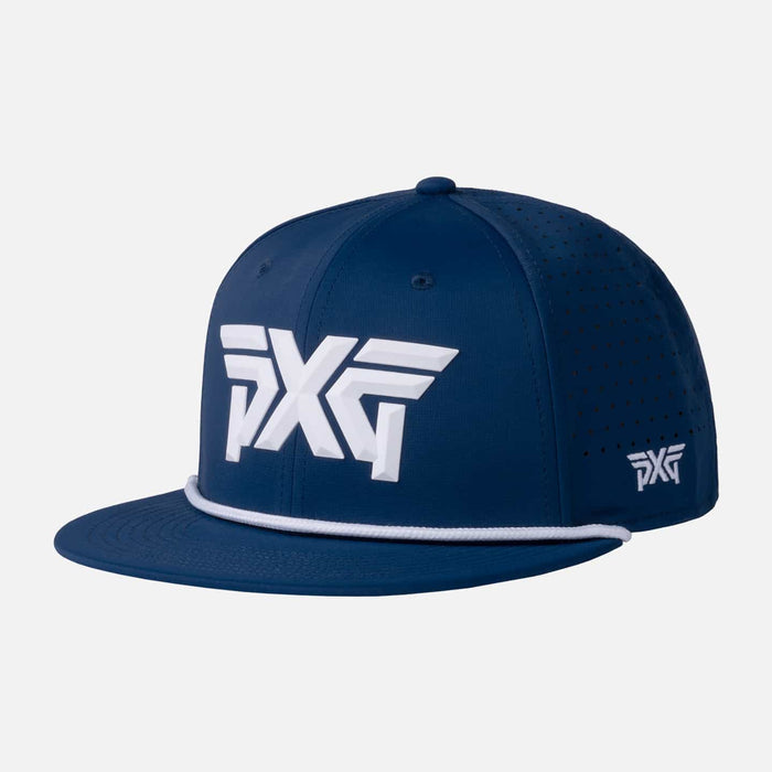 Men's 6-Panel High Crown Snapback Cap in Navy/White Logo, back view