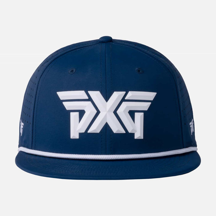 Men's 6-Panel High Crown Snapback Cap in Navy/White Logo, back view