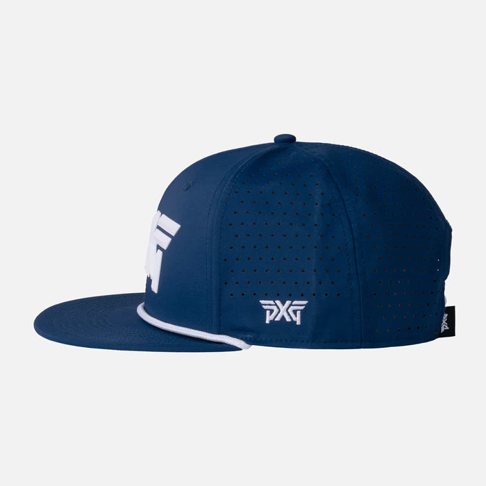 Men's 6-Panel High Crown Snapback Cap in Navy/White Logo, back view