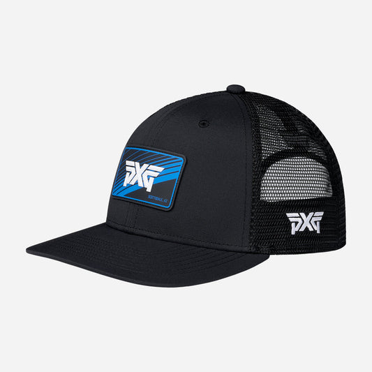 6 Panel Scottsdale Trucker Patch Hat in Black/Blue, product photo 1