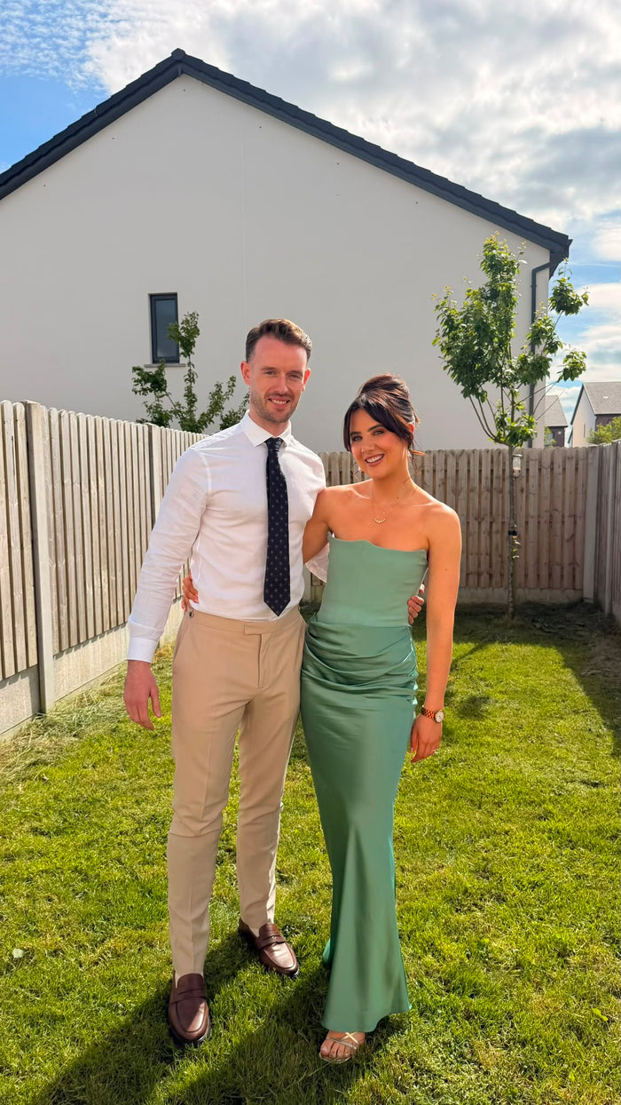 Adrienne Sage Green Strapless Gown