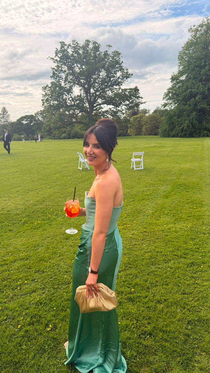 Adrienne Sage Green Strapless Gown