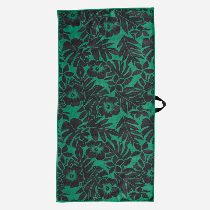PXG black and green aloha players towel with black flowers and leaves on a white background