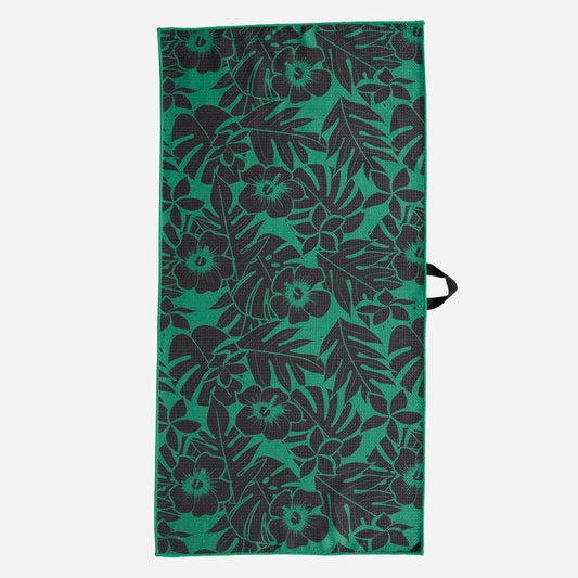 PXG black and green aloha players towel with black flowers and leaves on a white background