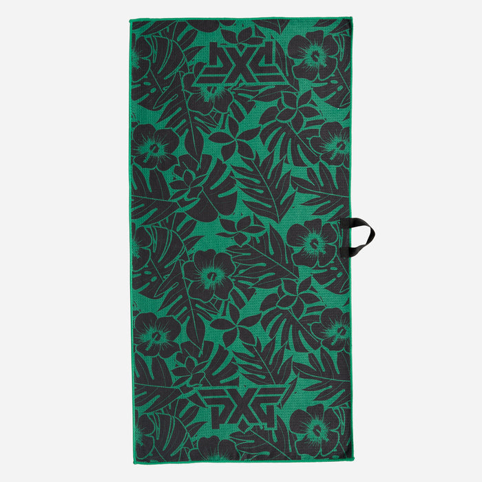PXG black and green aloha players towel with black flowers and leaves on a white background