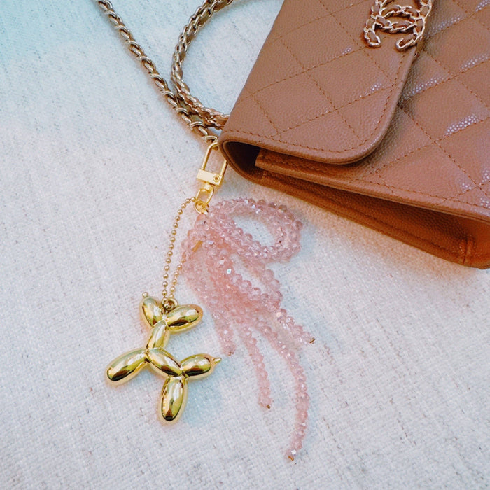 Balloon Dog Bag Charm With Beaded Bow: Pink