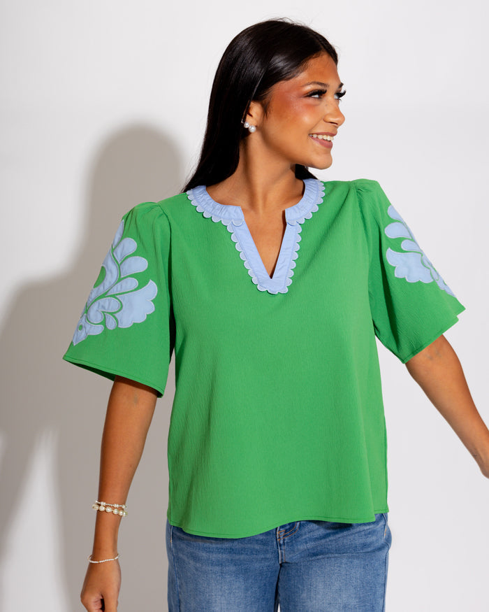 Baroque Appliqué Puff Sleeve Top in Green