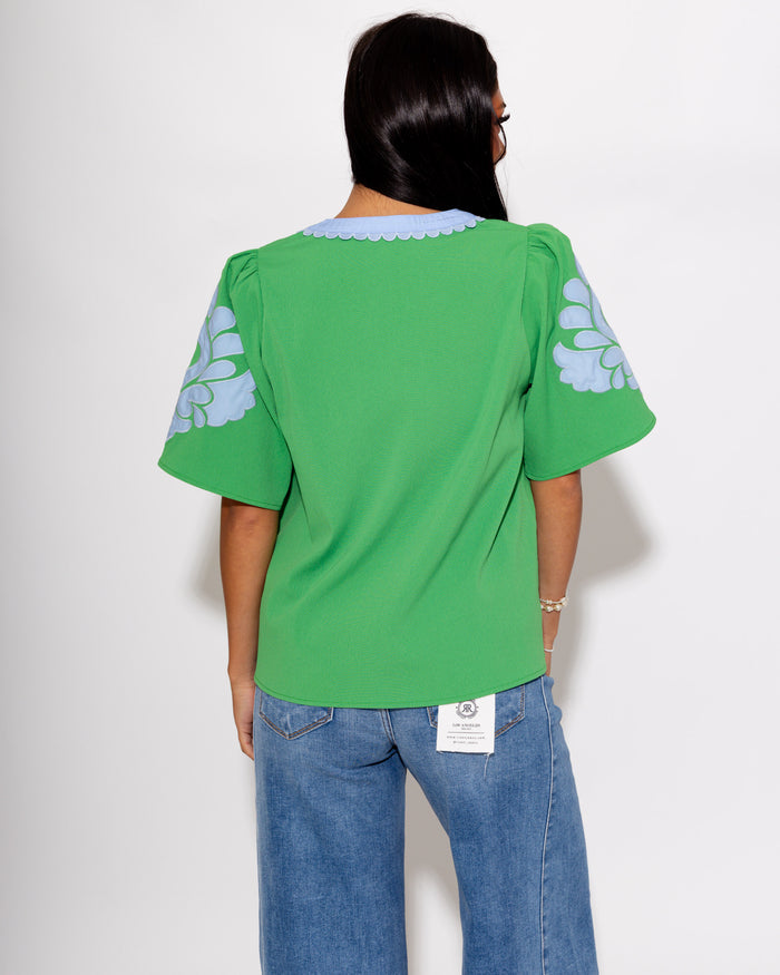 Baroque Appliqué Puff Sleeve Top in Green