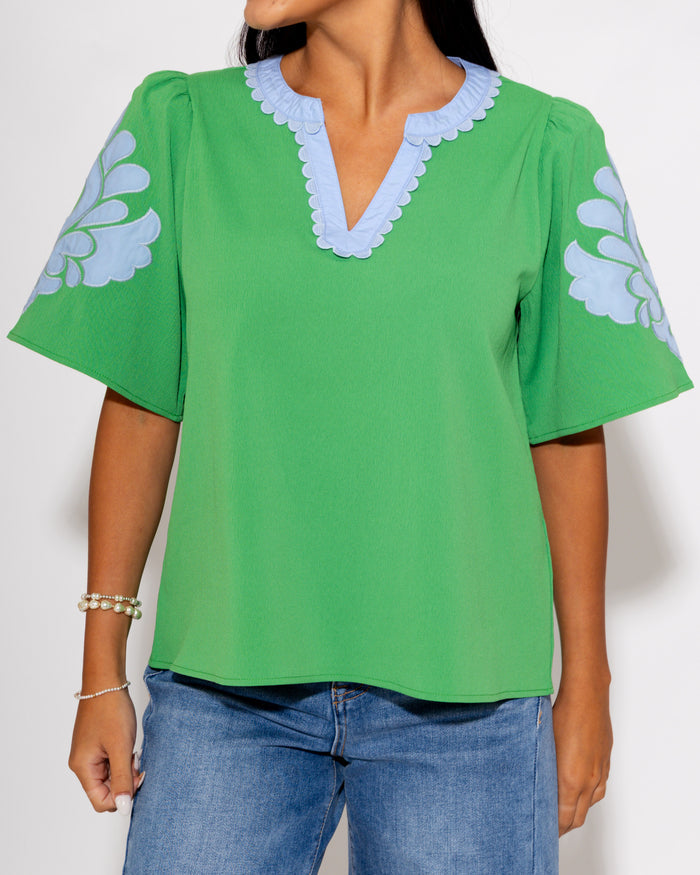 Baroque Appliqué Puff Sleeve Top in Green
