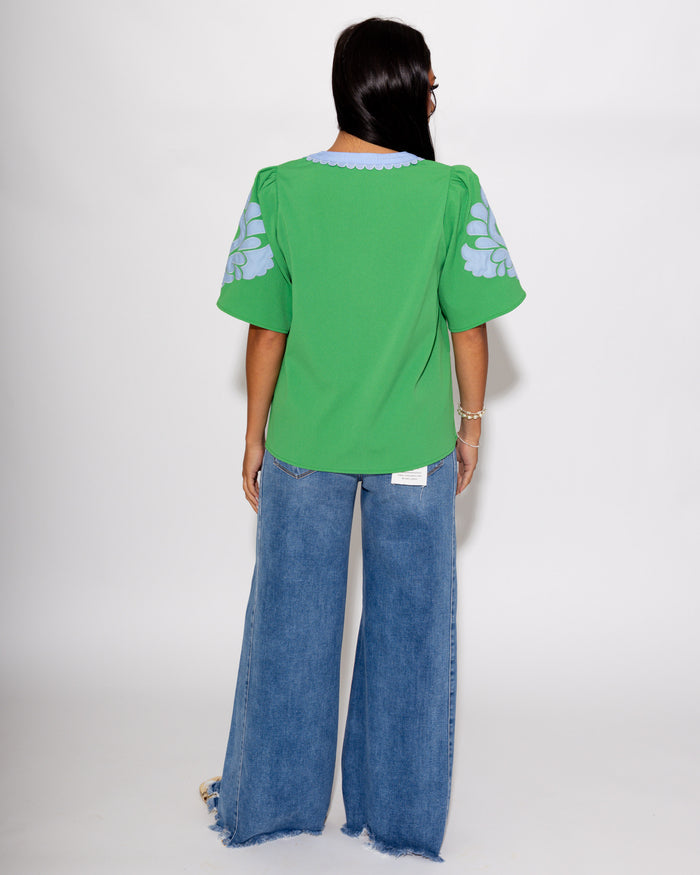 Baroque Appliqué Puff Sleeve Top in Green