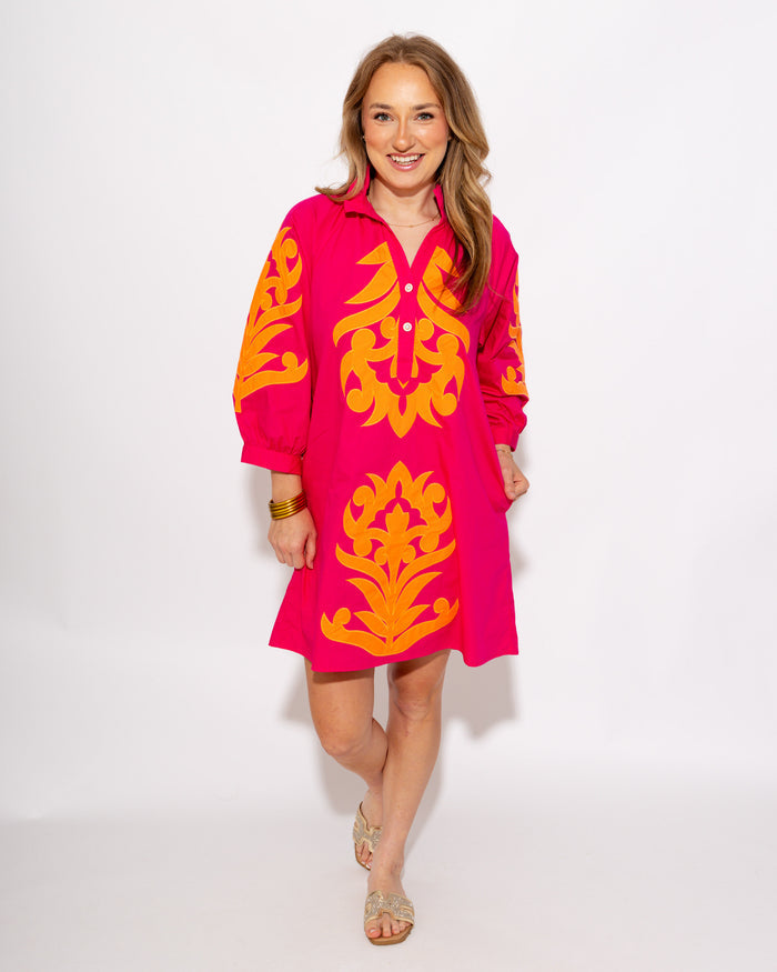 Baroque Floral Applique Shift Dress in Fuchsia